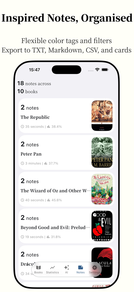 Anx Reader - The notes management screen in Anx Reader showing organized annotations across multiple books with export options.