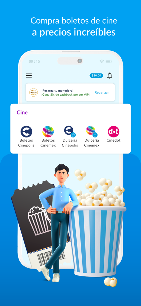 UnDosTres - Recargas y Pagos - メキシコのCinépolisおよびCinemexの映画チケットやスナックの購入オプションを示すUnDosTresアプリ画面。