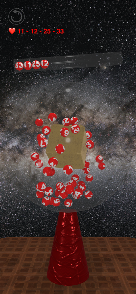 Lottery Wizard 3D - Simulación interactiva de máquina de lotería en 3D con bolas numeradas rojas en un entorno de galaxia