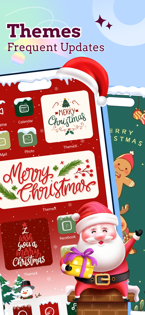 ThemeX: App Icons & My Widgets - Interfaz de la aplicación ThemeX mostrando un tema navideño rojo con widgets de Papá Noel e iconos de aplicaciones festivos.