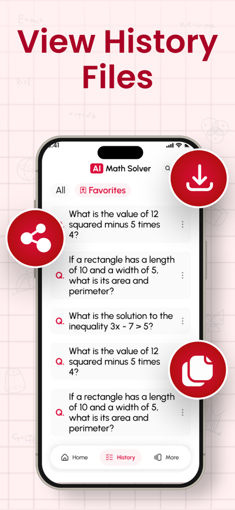 Math AI - Solve Math Problems - Interfaz de la aplicación móvil que muestra una lista del historial de problemas matemáticos resueltos con opciones de descarga y compartición.