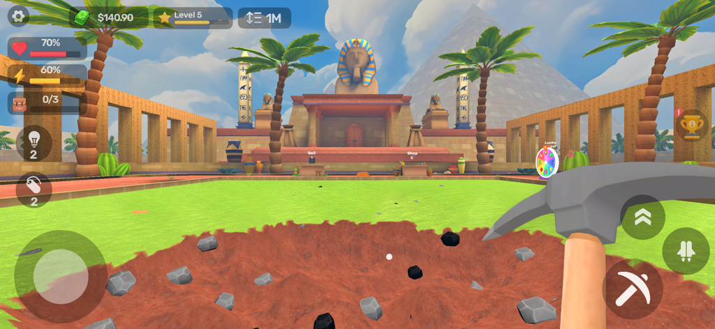 DIY Digging - Captura de pantalla de la jugabilidad de DIY Digging que muestra un pico cavando un hoyo frente a una esfinge y una pirámide egipcia.