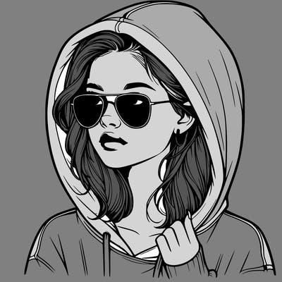 realistic teenage girl, wearing a hoodie and sunglasses