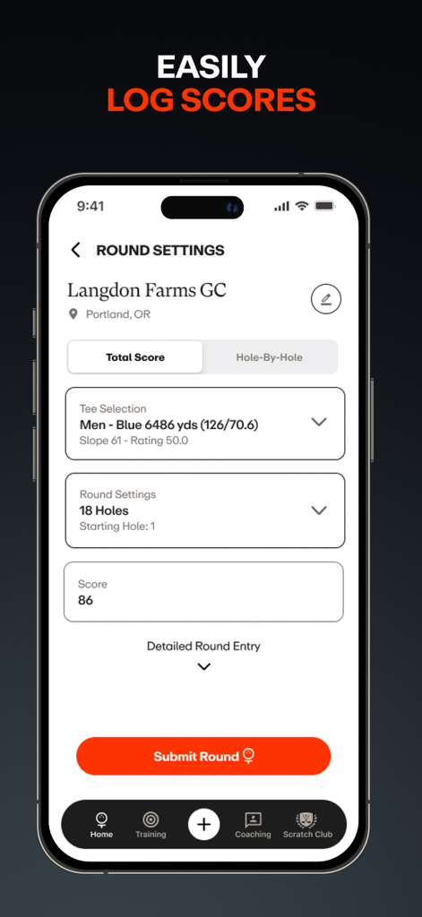Performance Golf AI Swing Fix - 라운드 점수 및 설정을 기록하기 위한 Performance Golf 앱 인터페이스