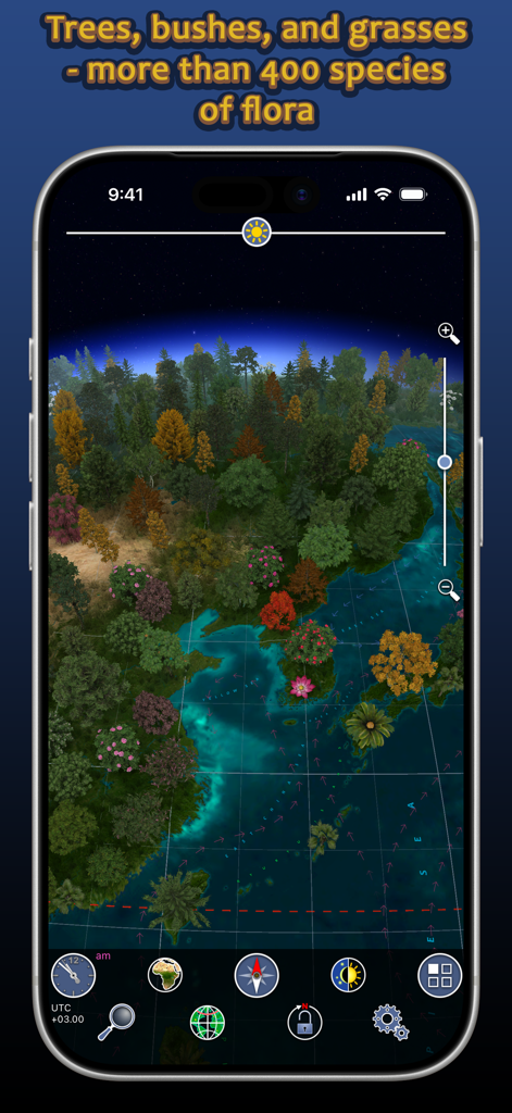 A 3D interactive map showing various trees and plant species near a coastline in the Earth 3D World Atlas app.