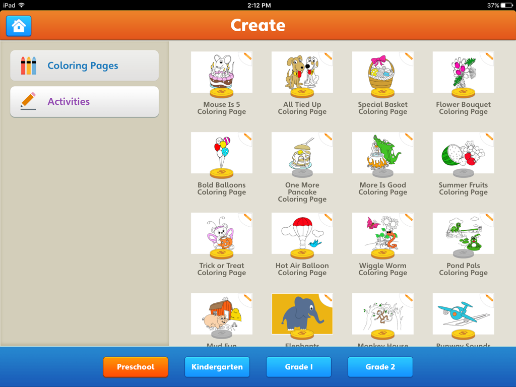 Skwids HD - The Create section of the Skwids HD app showing a grid of educational coloring pages for preschool children.