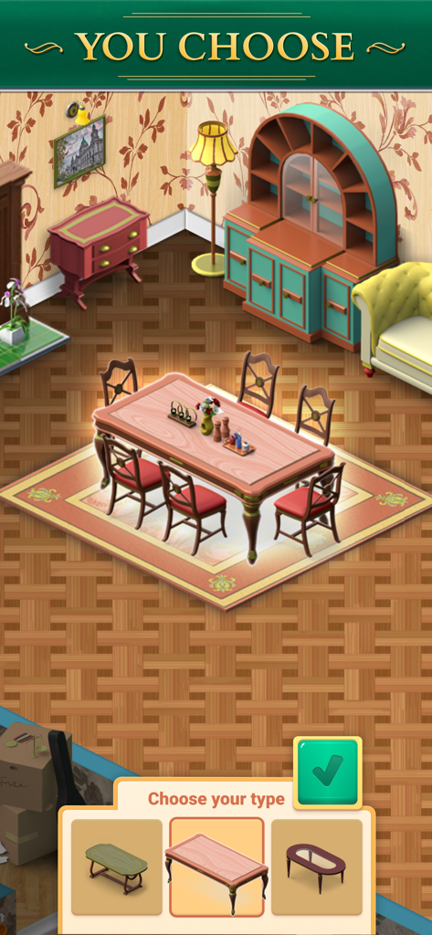 Una captura de pantalla del juego Coronation Street que muestra un nivel de diseño de interiores con un menú de selección de muebles para una mesa de comedor.