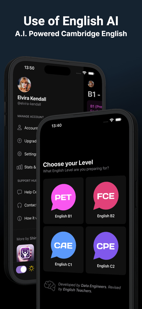Use of English AI - Screenshot of the Use of English AI app showing the level selection screen for PET B1, FCE B2, CAE C1, and CPE C2 exams.