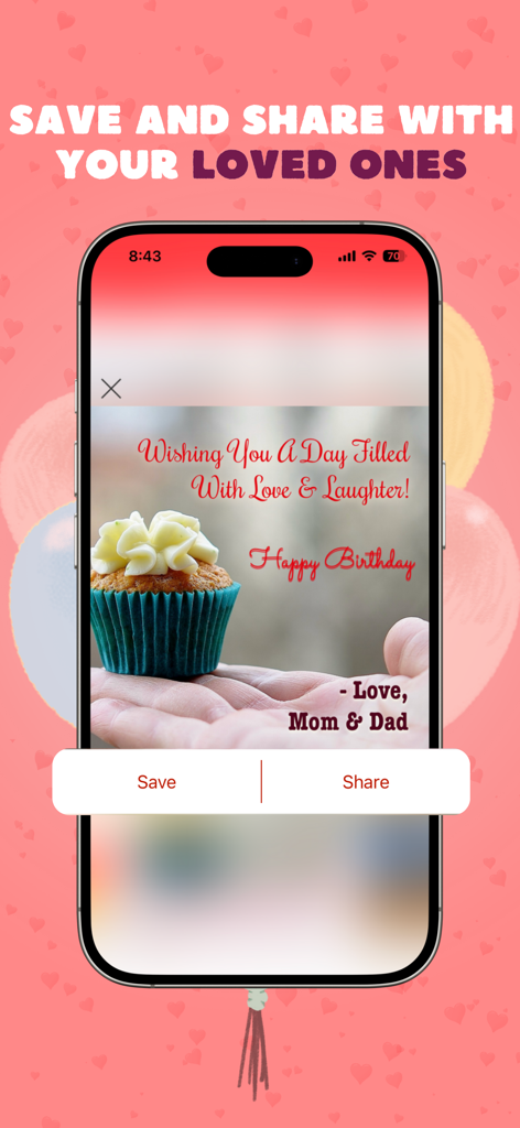 Greeting Card Maker & Invite - A mobile screen showing a custom birthday card with save and share options