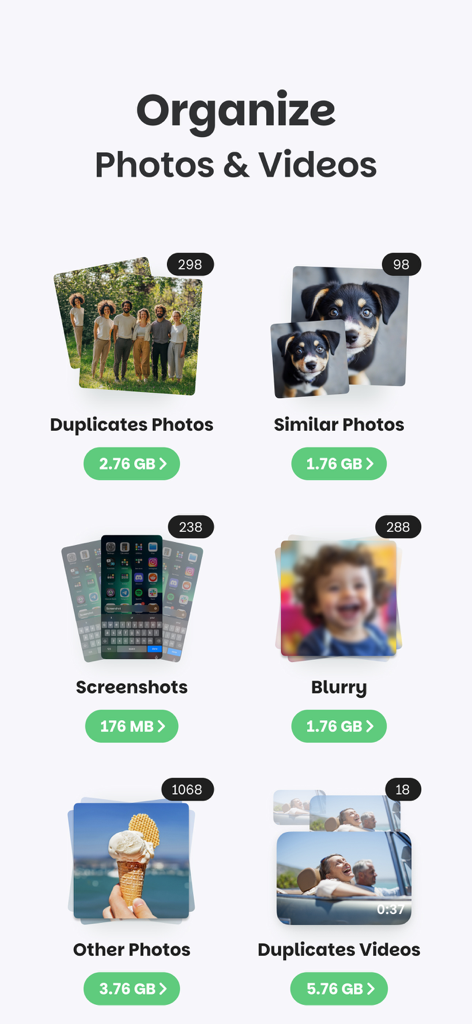 중복, 유사 사진, 스크린샷 및 흐릿한 이미지에 대한 저장 공간 정보가 포함된 카테고리를 보여주는 Deep Cleaner 앱 인터페이스.