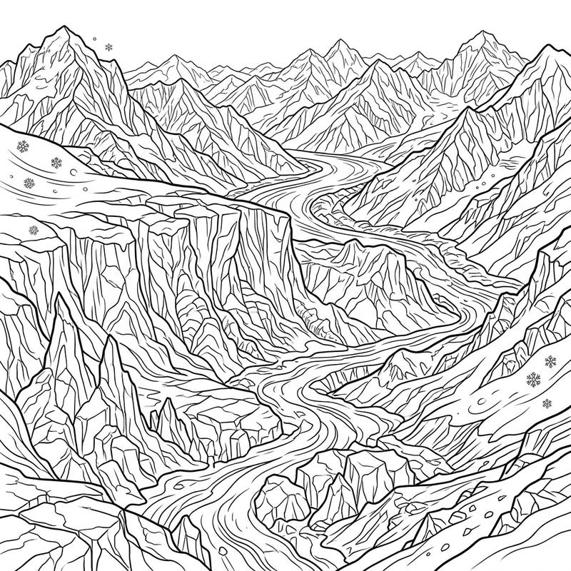 Dive into the breathtaking world of glaciers with this complex and captivating coloring page. Designed specifically for teens, it offers an intricate artistic challenge amidst majestic mountain scenery.