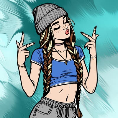 realistic teenage girl with braids and a beanie and crop top doing 🫶🏼