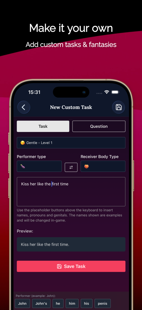 Foreplay: Couples Games - A screen in the Foreplay app where couples can create and save their own custom romantic tasks and fantasies.