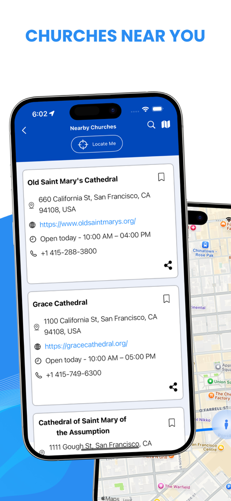 Interface of the NLT Bible app showing the Churches Near You feature with a list of local churches and their contact details