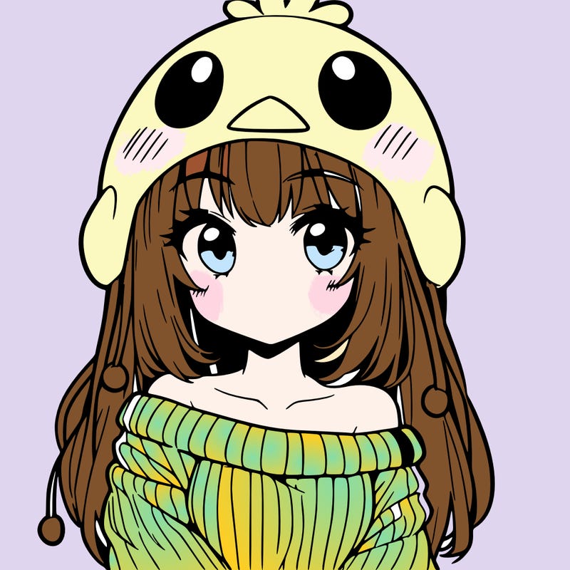 anime girl with chick shaped hat with sweater with bare shoulders with bangs covering them one eye with low tail