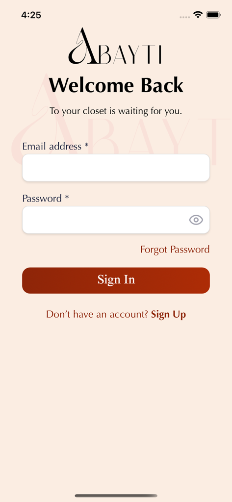 Sign in screen for the 3bayti modest fashion app with email and password fields