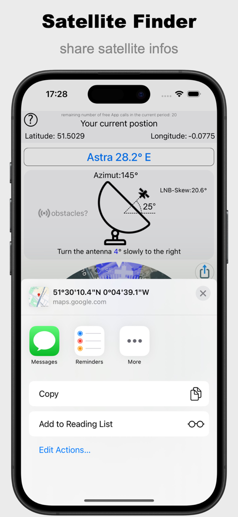 Satellite Finder (Pro) - Satellite Finder Proアプリでの衛星調整の詳細とGPS座標の共有。
