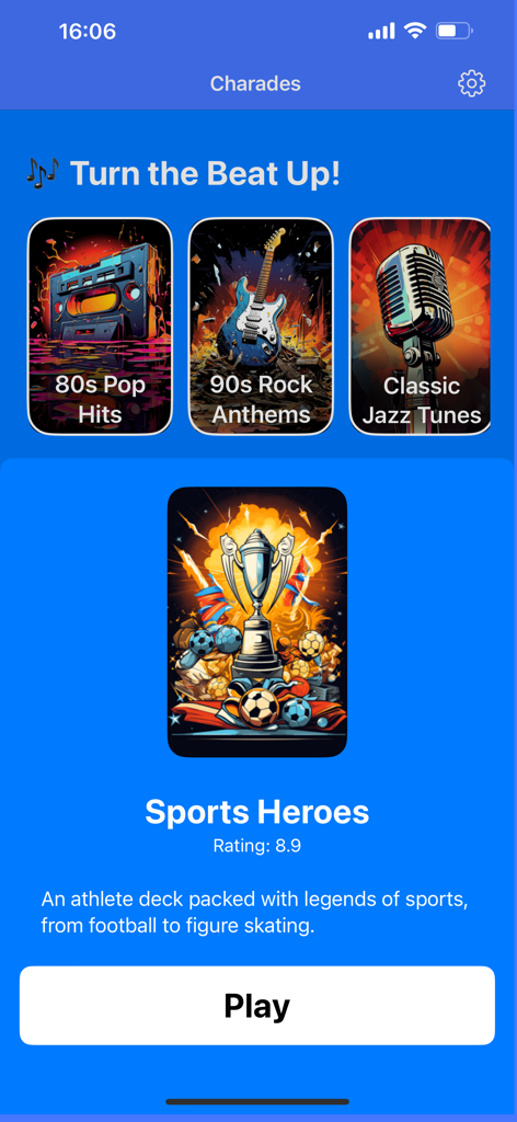 Charades Up - Guess The Word - Charades Up app showing the Sports Heroes deck selection screen with music categories above.