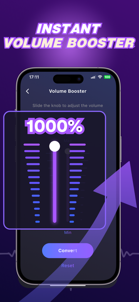 Louder Volume: Sound Booster - Louder Volume App-Oberfläche auf einem iPhone, die einen Lautstärkebooster-Schieberegler zeigt, der auf 1000 Prozent Verstärkung eingestellt ist