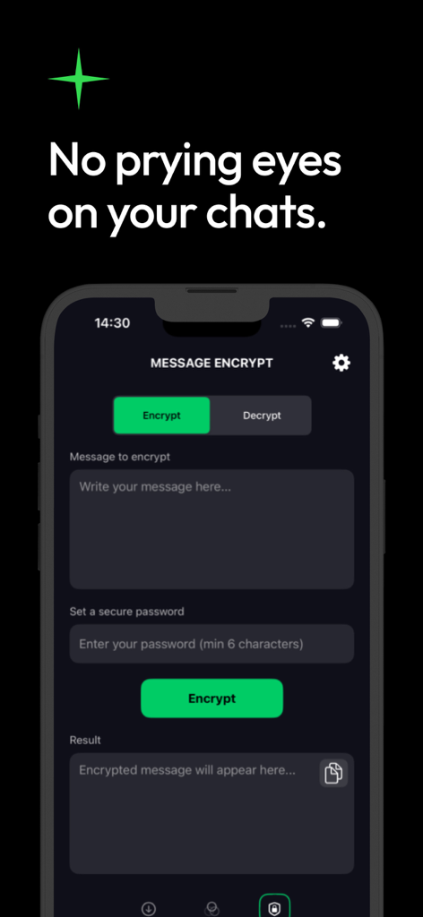 Chat Backup Assistant: Textify - Pantalla de la aplicación Textify mostrando la herramienta de cifrado de mensajes con campos para introducir texto y establecer una contraseña segura