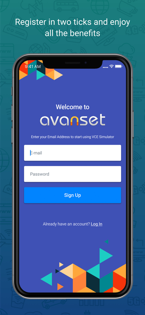 VCE Simulator - Registration screen for the VCE Simulator mobile app by Avanset.