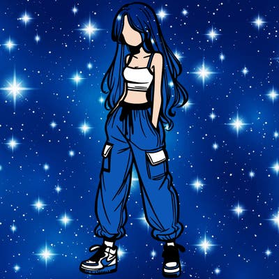 girl in baggy pants crop top and long hair