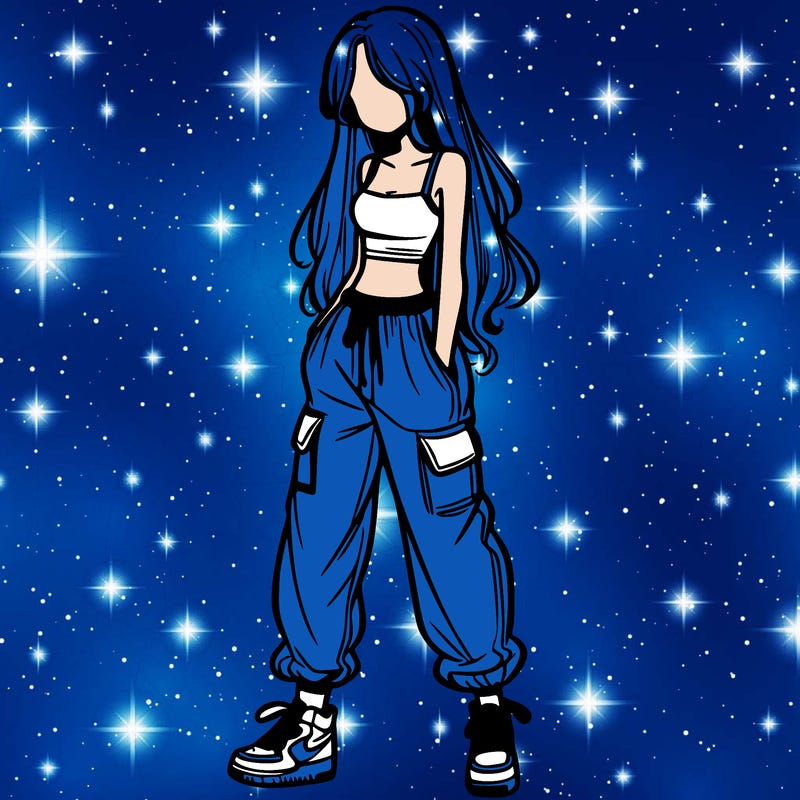 girl in baggy pants crop top and long hair