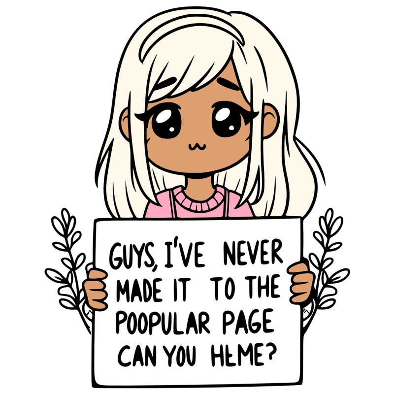 a girl holding up a sign that says, guys, i’ve never made it to the popular page, can you help me?