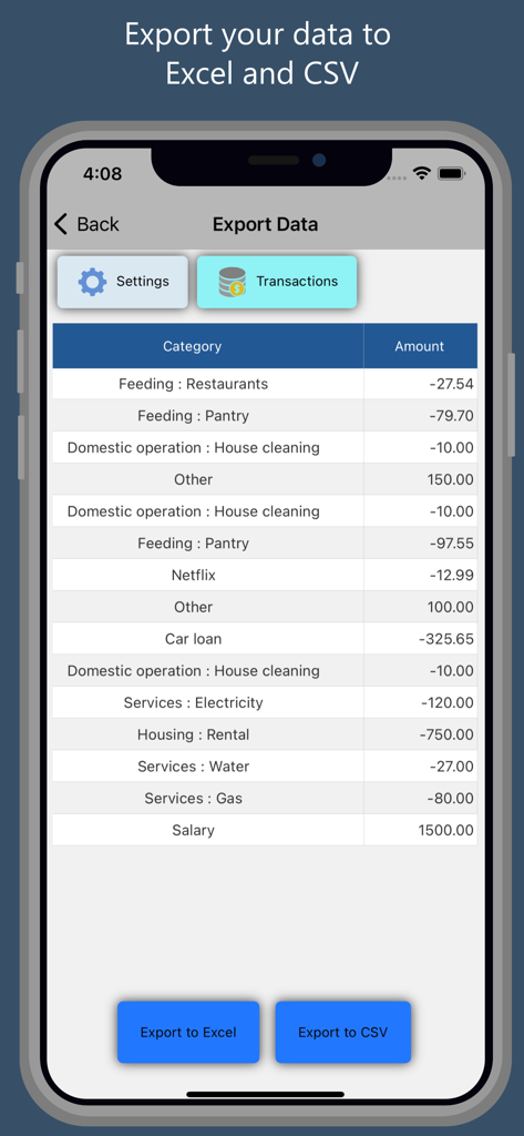 Pantalla de la aplicación Homeasy que muestra la lista de transacciones financieras con botones de exportación a Excel y CSV