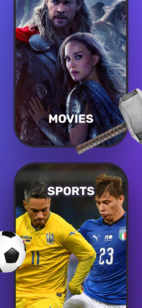 OmegaTV Online - Interface of OmegaTV Online app showing categories for movies and sports with Ukrainian soccer player and film poster.