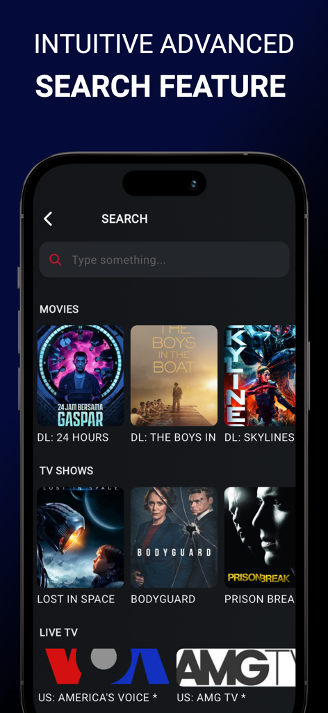 Tivix IPTV Player search interface showing movie and tv show categories with posters