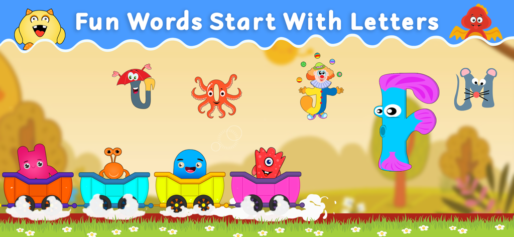 Endless Alphabet ABC App Kids - Educational game screen with animated letter characters and monsters on a colorful toy train