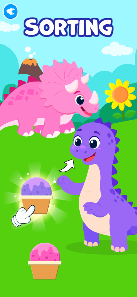 Toddler Games for 3 Year Olds• - A colorful sorting game screen with dinosaurs and cupcakes for toddlers.