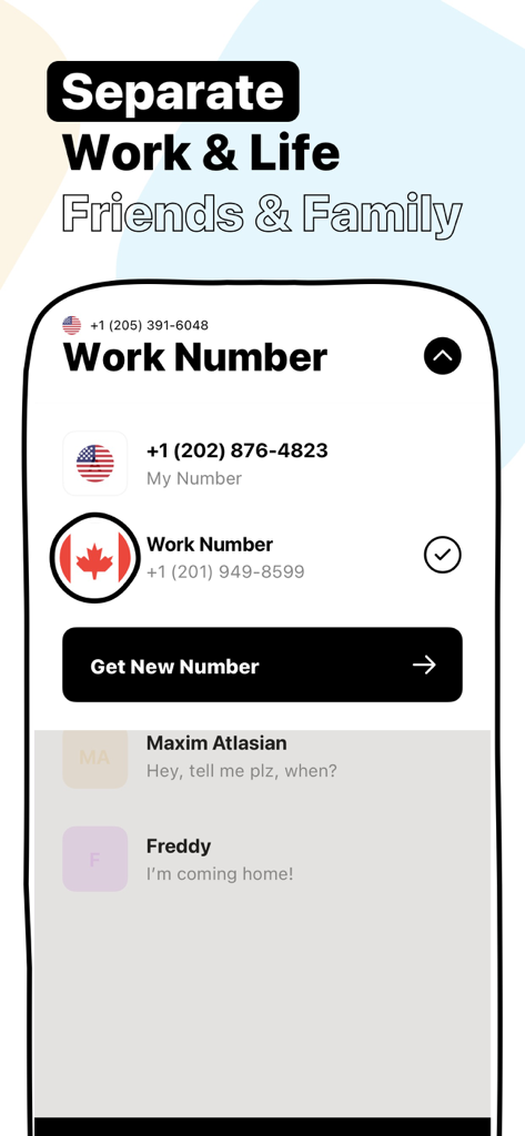 Text ON: Call Now Second Phone - Interfaz de la aplicación Text ON que muestra múltiples números de teléfono para trabajo y uso personal para separar la vida laboral y personal