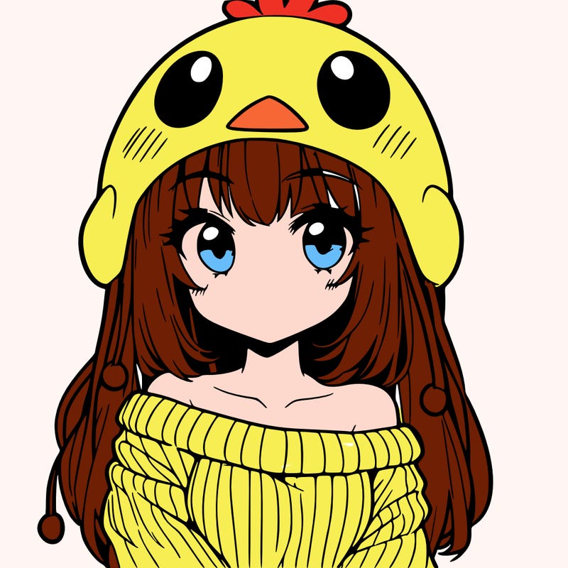 anime girl with chick shaped hat with sweater with bare shoulders with bangs covering them one eye with low tail
