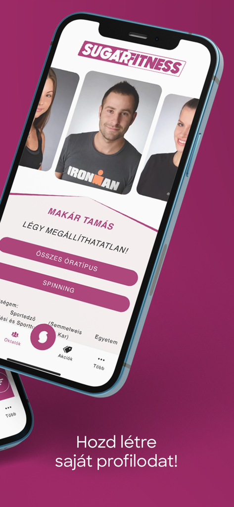 Sugár Fitness - Sugar Fitness mobile app screen displaying gym instructor profiles and class booking options