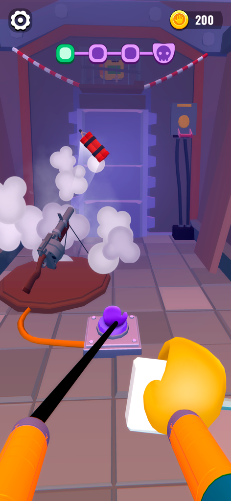 First-person gameplay of Monster Play Time showing a mechanical hand pressing a button while a launcher fires dynamite in a factory.