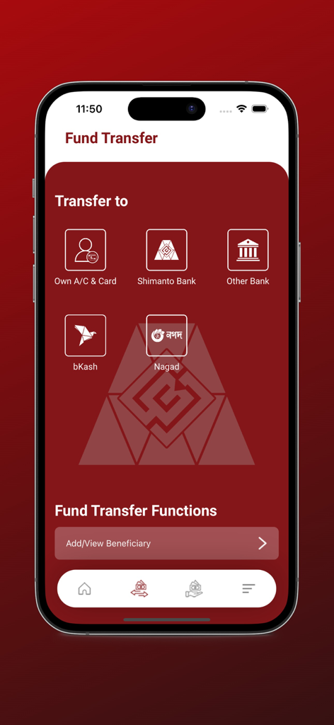 Connect Internet Banking - Pantalla de transferencia de fondos de la aplicación Connect Internet Banking con opciones para bKash y Nagad de Shimanto Bank