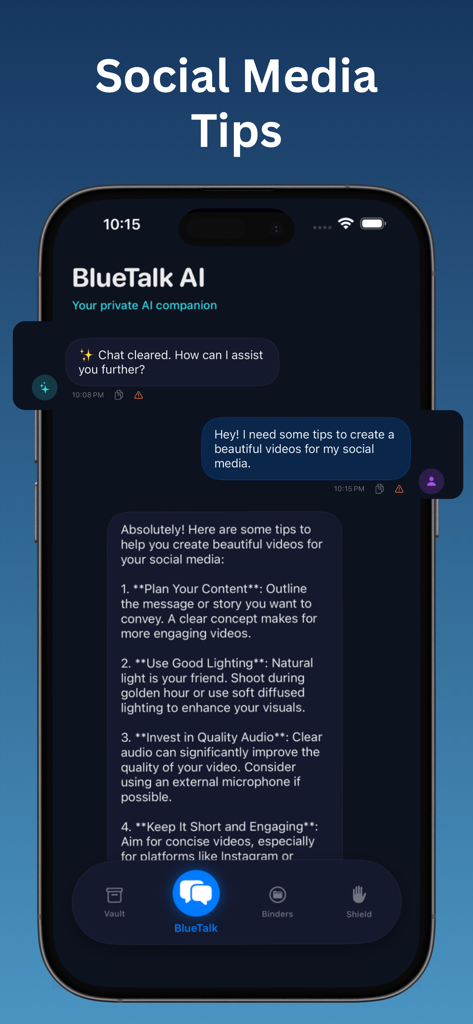 BlueTalk AI - Screenshot of BlueTalk AI chat showing social media content creation tips