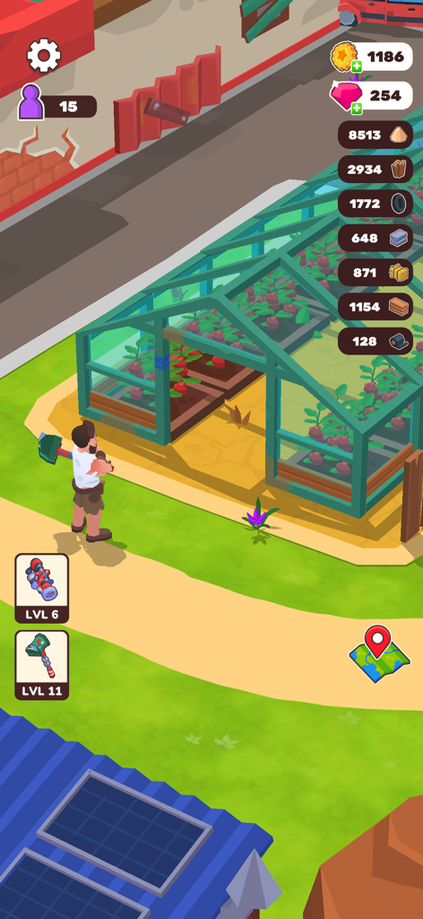 Um personagem ao lado de uma estufa no jogo de sobrevivência ociosa pós-apocalíptico Wasteland Life.