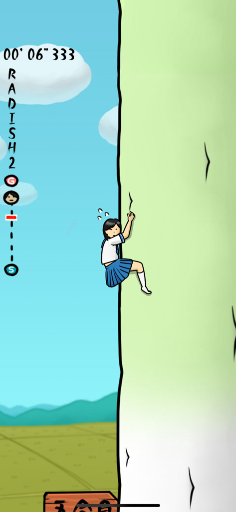 RadishGirl - Garota escolar escalando um rabanete gigante em uma captura de tela da jogabilidade de RadishGirl.