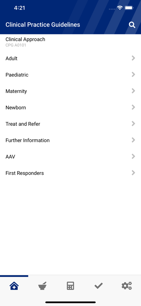 AV CPG - AV CPG app dashboard showing clinical practice guideline categories