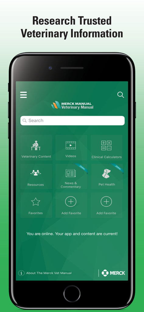 Merck Vet Manual - Home screen of the Merck Vet Manual app featuring clinical calculators and veterinary content research tools.