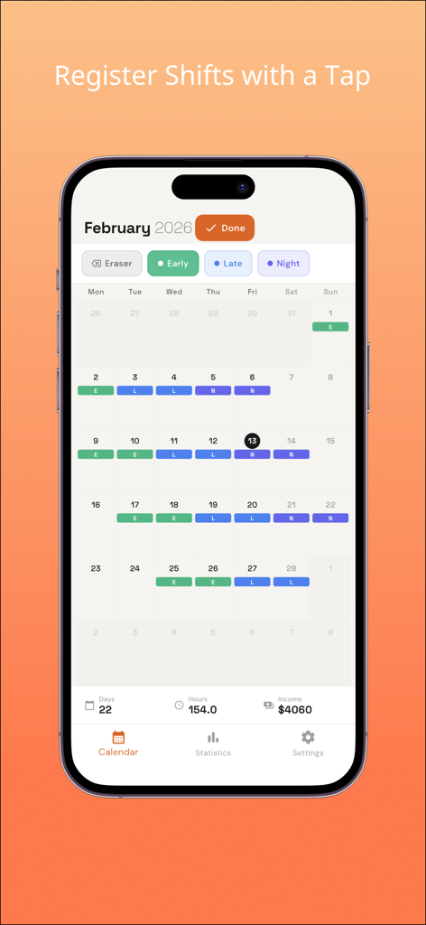 Un'interfaccia di app mobile che mostra un calendario dei turni codificato a colori con opzioni per registrare turni anticipati, in ritardo e notturni