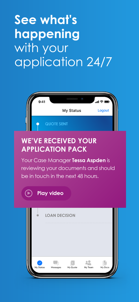 MyFluent - A screenshot of the MyFluent app showing a notification for a received loan application pack and real time status tracking