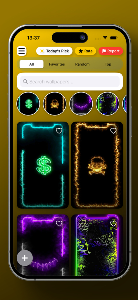 Edge Lighting : LumiBorder - Oberfläche der Edge Lighting LumiBorder App, die eine Vielzahl von leuchtenden Neonrand-Hintergründen zeigt, darunter ein Dollarzeichen und ein Schädelsdesign.