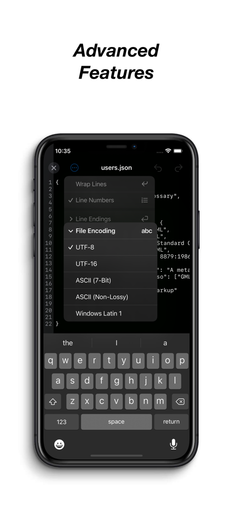 Subtext - Subtext app showing advanced file encoding options like UTF-8 and ASCII for a JSON file on iPhone