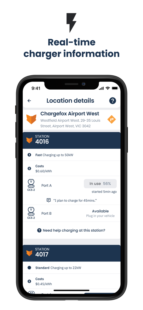 Chargefox: EV Charging Network - Pantalla de la app Chargefox que muestra la disponibilidad de puntos de recarga para VE en tiempo real, costes y detalles de la estación.