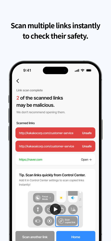 Catch All Lite - Catch All Lite app interface showing safety scan results for several web links on an iPhone screen