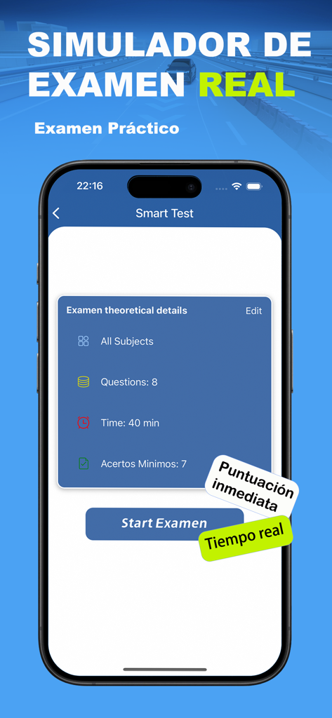 Interfaz del simulador de examen teórico de conducir de Costa Rica mostrando la configuración del examen